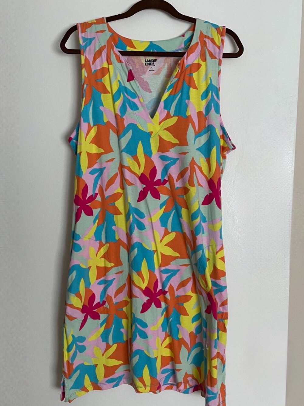 Women's Lands' End Sleeveless Split Neck Floral Swim Coverup or Shift Dress